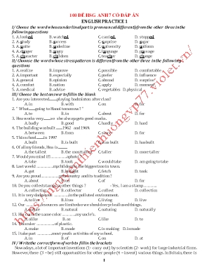 100 Đề thi chọn học sinh giỏi môn Tiếng Anh Lớp 7 (Có đáp án)